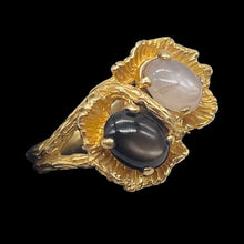 Load image into Gallery viewer, Star Sapphires 14K Yellow Gold Ring |7x5 Oval Stones | Size 7.75 | Black, White|