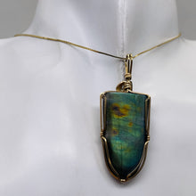 Load image into Gallery viewer, Labradorite Fiery 14K Gold Wire Wrap 35x20mm Stone Pendant | 2 1/4" Long| Green|