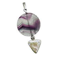 Load image into Gallery viewer, Fluorite and Pearl Sterling Silver Pendant | 1 3/4" Long | Purple, White |