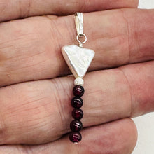 Load image into Gallery viewer, Pearl Triangle and Garnet Sterling Silver Drop Pendant| 1 3/4" Long| White, Red|