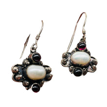 Load image into Gallery viewer, Garnet Fresh Water Pearl Sterling Silver Earrings | 1 1/4" Long | Red White |