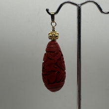 Load image into Gallery viewer, Cinnabar Carved Teardrop Barrel Bead 14K Gold Filled Pendant | 2 1/4" Long| Red|