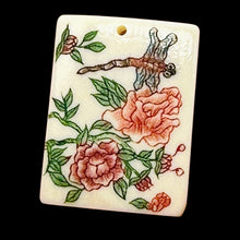 Load image into Gallery viewer, Rose Flower Dragonfly Scrimshaw Pendant Bead | 29x22x4mm | Red, Green, Cream |