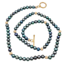 Load image into Gallery viewer, Dramatic Blue Rainbow Peacock Freshwater Pearl 14Kgf Necklace 18 1/2 inch
