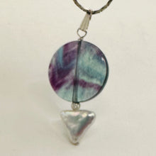 Load image into Gallery viewer, Fluorite and Pearl Sterling Silver Pendant | 1 3/4" Long | Purple, White |