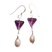 Load image into Gallery viewer, Lilac Triangle Amethyst Pearl Sterling Silver Earrings | 1 Inch Long | 1 Pair |