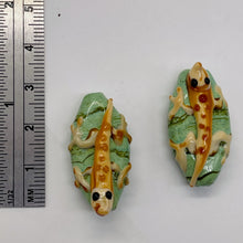 Load image into Gallery viewer, Porcelain Spotted Lizard Beads | 29x11x14 | Green, Tan | 2 Beads |