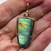 Load image into Gallery viewer, Labradorite Fiery 14K Gold Wire Wrap 35x20mm Stone Pendant | 2 1/4" Long| Green|