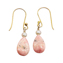 Load image into Gallery viewer, Teardrop Rhodochrosite and Pearl Drop 14K Rose Gold Filled Earrings|1 1/2" Long|