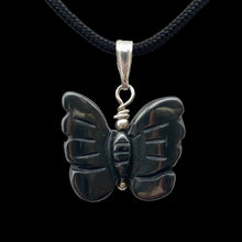 Load image into Gallery viewer, Flutter Carved Hematite Butterfly and Sterling Silver Pendant 509256HMS