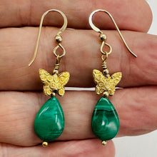 Load image into Gallery viewer, Malachite and Butterfly 14K Gold Filled Earrings | 1 3/4" Long | Green | 1 Pair