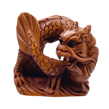 Load image into Gallery viewer, Carved Boxwood Wise Dragon On Clouds Ojime/Netsuke Bead | 22.5x24x13mm | Brown