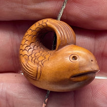 Load image into Gallery viewer, Carved & Signed Adorable Fish Boxwood Ojime/Netsuke Bead | 26x23x16mm | Brown