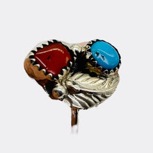 Load image into Gallery viewer, Turquoise Coral Sterling Silver Feather Design Ring | Size 5| Blue Red | 1 Ring|