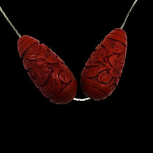 Load image into Gallery viewer, Cinnabar Carved Teardrop Barrel Beads | 34x16x12mm | Red | 2 Beads |