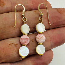 Load image into Gallery viewer, Rhodocrosite Mother of Pearl 14K Gold Filled Drop Earrings | 1 3/4"| Pink White|