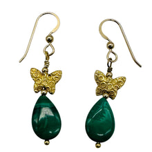 Load image into Gallery viewer, Malachite and Butterfly 14K Gold Filled Earrings | 1 3/4" Long | Green | 1 Pair