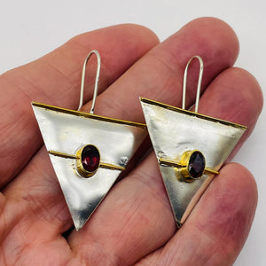 Garnet Sterling Silver Triangle Earrings | 2" Long | Red Silver | 1 Pair |