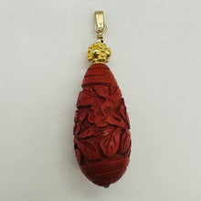 Load image into Gallery viewer, Cinnabar Carved Teardrop Barrel Bead 14K Gold Filled Pendant | 2 1/4" Long| Red|