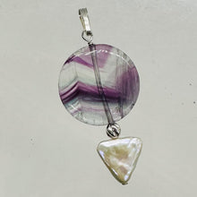 Load image into Gallery viewer, Fluorite and Pearl Sterling Silver Pendant | 1 3/4" Long | Purple, White |