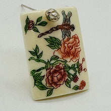 Load image into Gallery viewer, Rose Flower Dragonfly Scrimshaw Pendant Bead | 29x22x4mm | Red, Green, Cream |