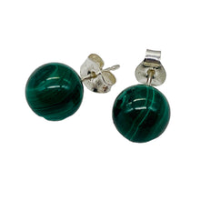 Load image into Gallery viewer, Malachite Sterling Silver Post Round Earrings | 8mm | Green | 1 Pair |