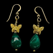 Load image into Gallery viewer, Malachite and Butterfly 14K Gold Filled Earrings | 1 3/4" Long | Green | 1 Pair