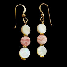 Load image into Gallery viewer, Rhodocrosite Mother of Pearl 14K Gold Filled Drop Earrings | 1 3/4"| Pink White|