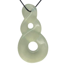 Load image into Gallery viewer, Hand Carved Translucent Serpentine Infinity Pendant with Black Cord 10821W | 45.5x24x6mm | Light Green