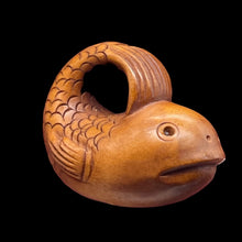 Load image into Gallery viewer, Carved & Signed Adorable Fish Boxwood Ojime/Netsuke Bead | 26x23x16mm | Brown