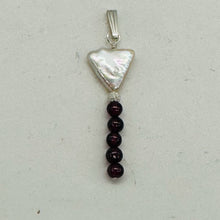 Load image into Gallery viewer, Pearl Triangle and Garnet Sterling Silver Drop Pendant| 1 3/4" Long| White, Red|