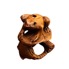 Load image into Gallery viewer, Carved & Signed Frog On Lotus Boxwood Ojime/Netsuke Bead | 25x18.5x17mm | Brown