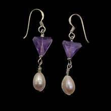 Load image into Gallery viewer, Lilac Triangle Amethyst Pearl Sterling Silver Earrings | 1 Inch Long | 1 Pair |