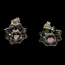 Load image into Gallery viewer, Purple CZ Marcasite Sterling Silver Flower Earrings | 3/8" | Silver | 1 Pair }