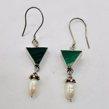 Load image into Gallery viewer, Malachite Fresh Water Pearl Sterling Silver Earrings | 2 1/4" Long| Green White|