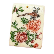 Load image into Gallery viewer, Rose Flower Dragonfly Scrimshaw Pendant Bead | 29x22x4mm | Red, Green, Cream |