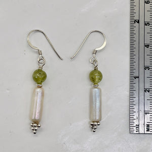 Apatite Fresh Water Pearl Sterling Silver Earrings | 1 1/4" Long | Green White |