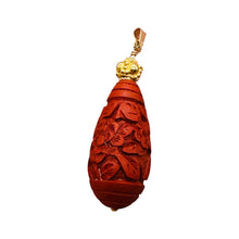 Load image into Gallery viewer, Cinnabar Carved Teardrop Barrel Bead 14K Gold Filled Pendant | 2 1/4" Long| Red|