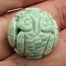 Load image into Gallery viewer, AAA Natural Green Jade Carved Owl Longevity Round Bead 22mm Chinese Focal Bead