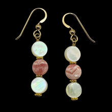 Load image into Gallery viewer, Rhodocrosite Mother of Pearl 14K Gold Filled Drop Earrings | 1 3/4"| Pink White|