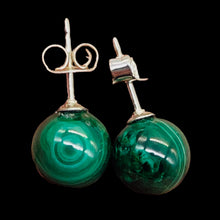 Load image into Gallery viewer, Malachite Sterling Silver Post Round Earrings | 8mm | Green | 1 Pair |