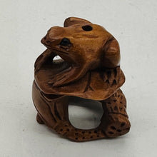 Load image into Gallery viewer, Carved & Signed Frog On Lotus Boxwood Ojime/Netsuke Bead | 25x18.5x17mm | Brown