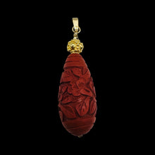 Load image into Gallery viewer, Cinnabar Carved Teardrop Barrel Bead 14K Gold Filled Pendant | 2 1/4" Long| Red|