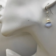 Load image into Gallery viewer, Blue Chalcedony Faceted Pearl Designer Earrings | 1 1/4" Long | Blue, White |