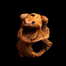 Load image into Gallery viewer, Carved & Signed Frog On Lotus Boxwood Ojime/Netsuke Bead | 25x18.5x17mm | Brown