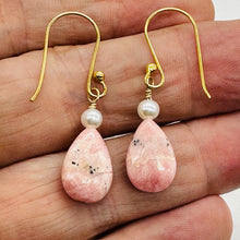 Load image into Gallery viewer, Teardrop Rhodochrosite and Pearl Drop 14K Rose Gold Filled Earrings|1 1/2" Long|