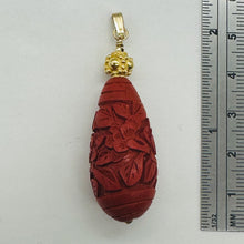Load image into Gallery viewer, Cinnabar Carved Teardrop Barrel Bead 14K Gold Filled Pendant | 2 1/4" Long| Red|