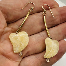 Load image into Gallery viewer, Designer Carved Yellow Jade Leaf and 14Kgf Earrings 6139