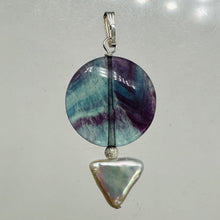 Load image into Gallery viewer, Fluorite and Pearl Sterling Silver Pendant | 1 3/4" Long | Purple, White |