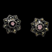 Load image into Gallery viewer, Purple CZ Marcasite Sterling Silver Flower Earrings | 3/8" | Silver | 1 Pair }